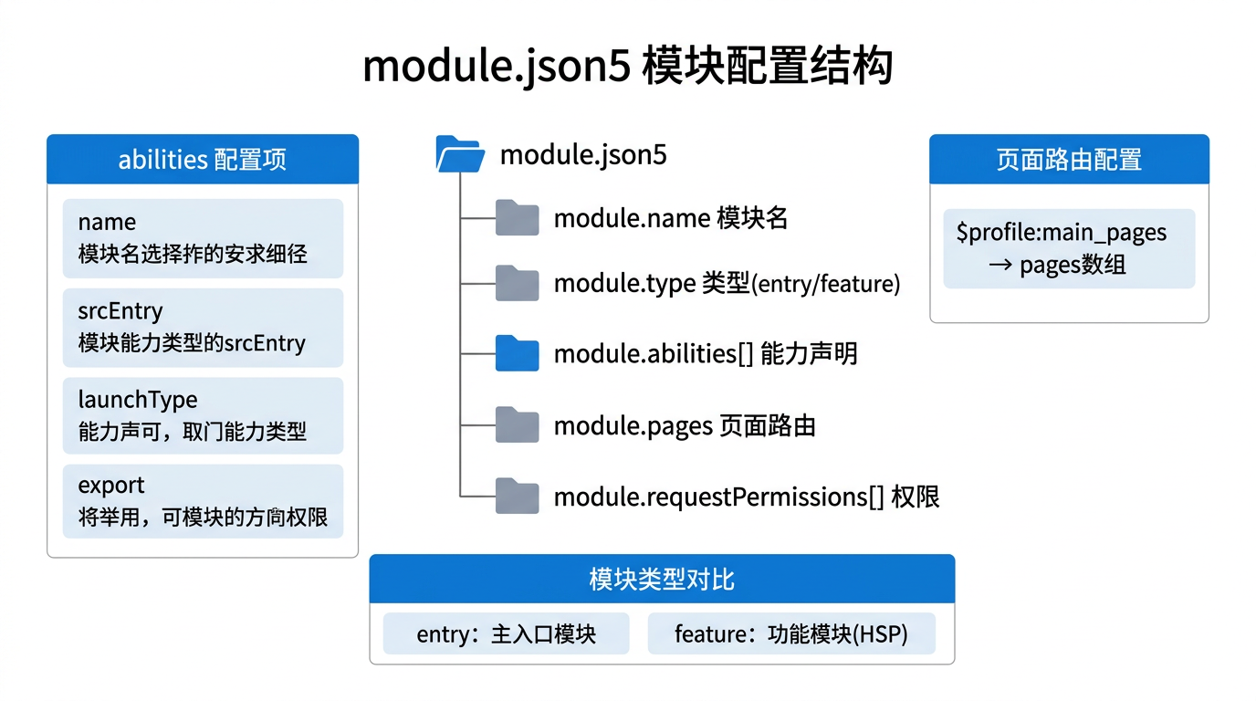文章配图：Ability 注册规则、skills 意图过滤、deviceTypes 多设备适配，以及与 app.json