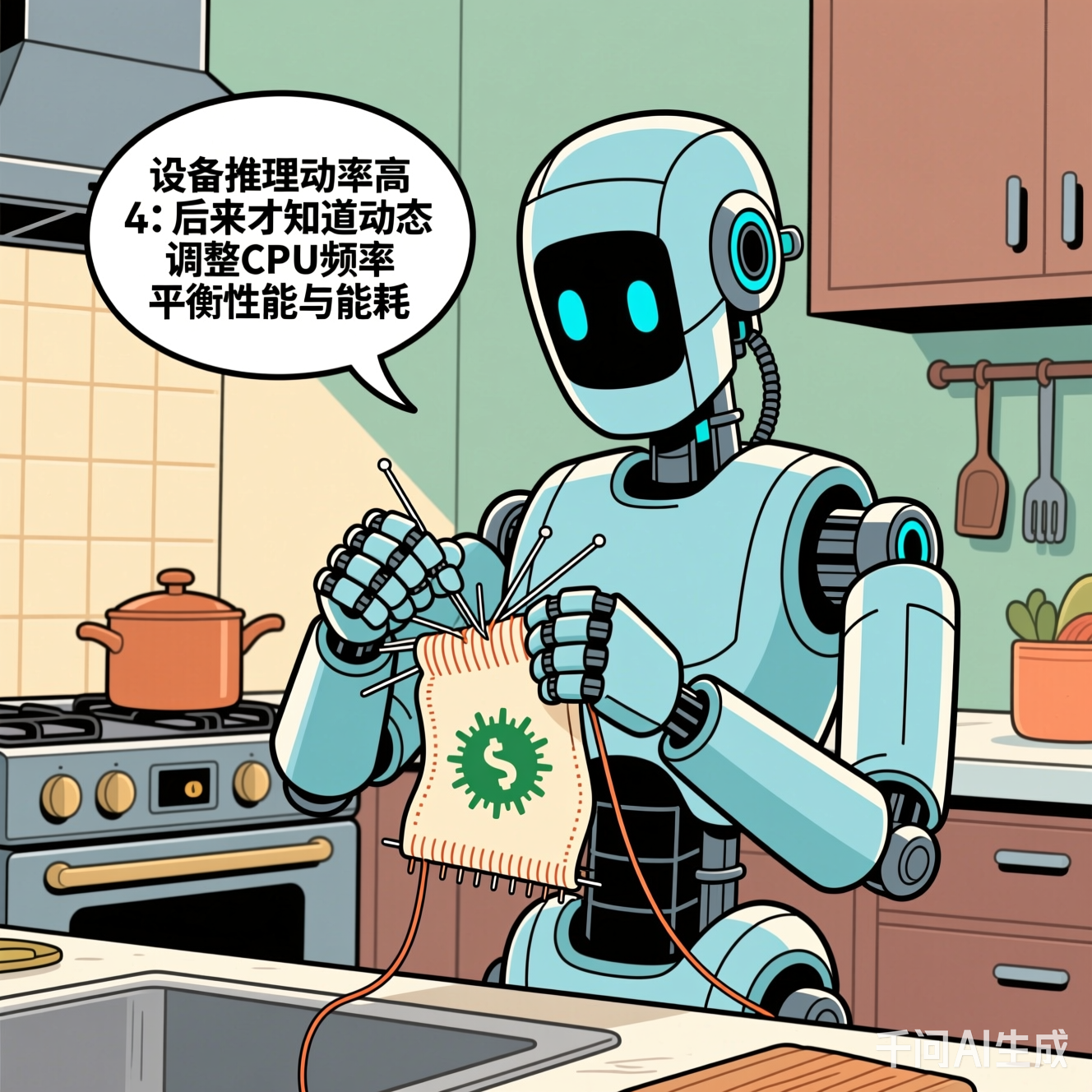 人形机器人在厨房穿针引线的漫画