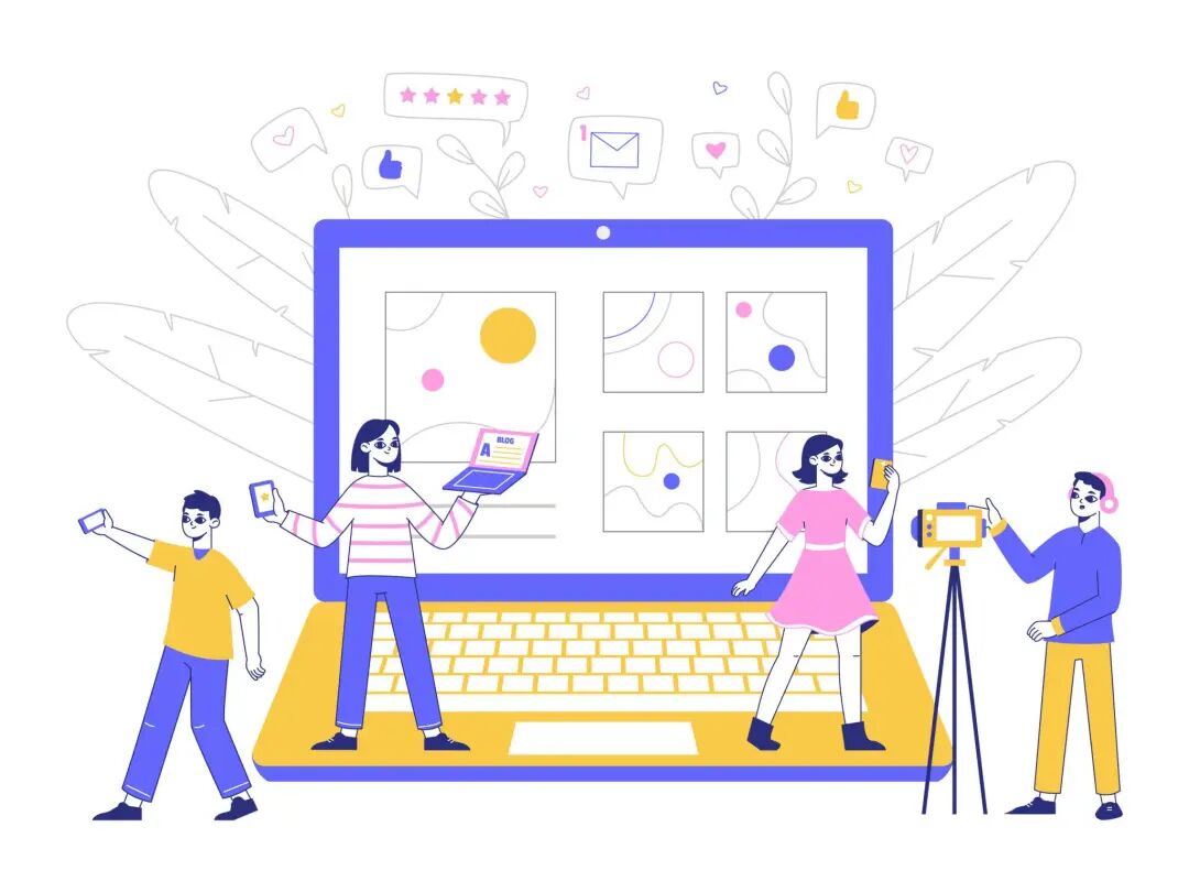 Content management, internet creative blog, writing and creative content. Bloggers characters, video and photo content makers vector illustration. Creative media blogs authors