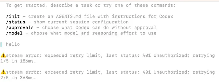 Codex 401 Unauthorized 错误界面及解决步骤