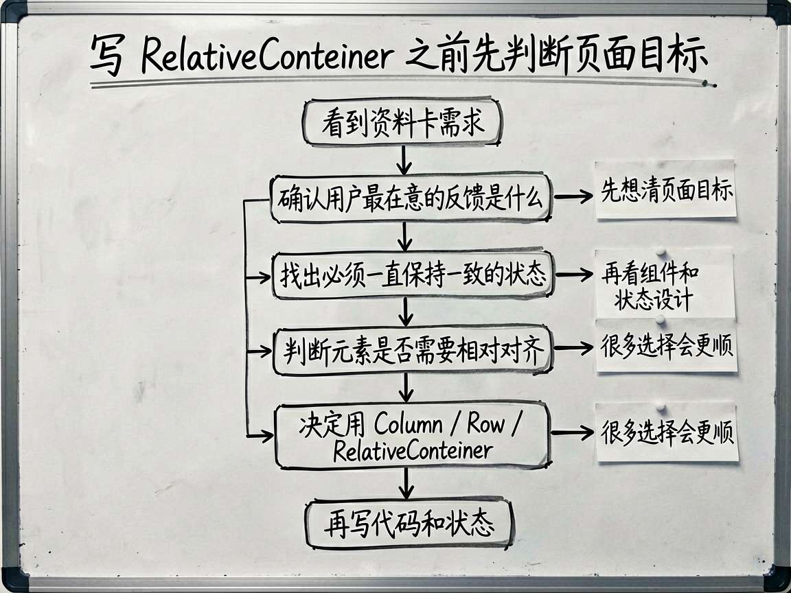 为一篇中文技术教程绘制一张手绘笔记风格流程图，主题是“写 RelativeContainer 之前先