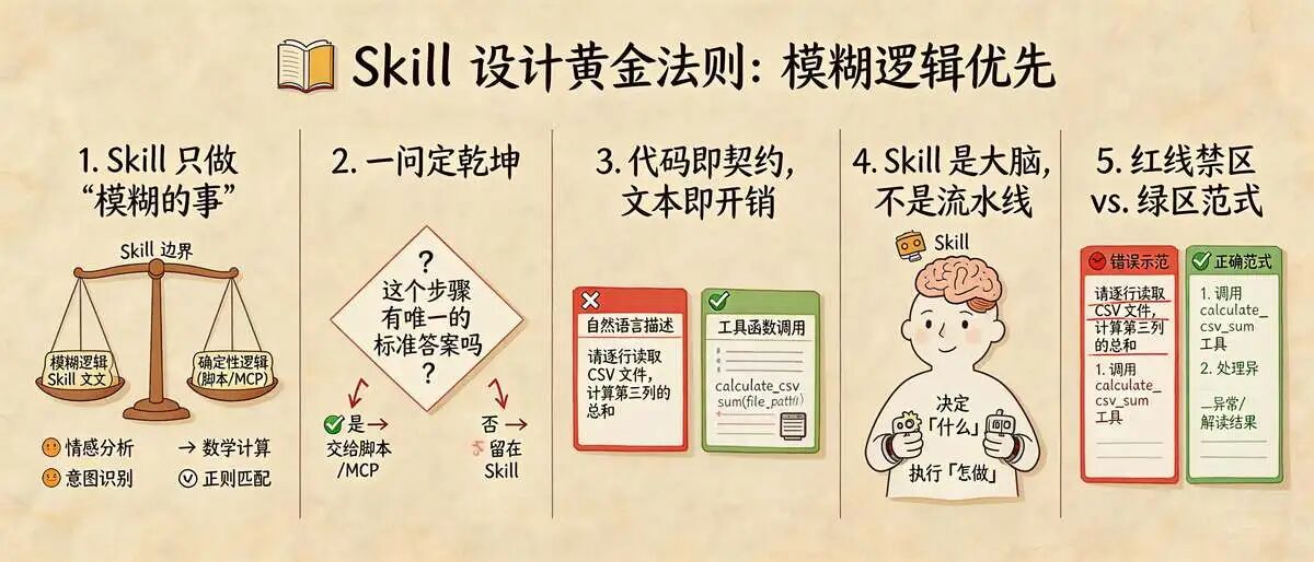 原则 1：Skill  专注于“模糊逻辑”:  只描述需要模型推理的部分
