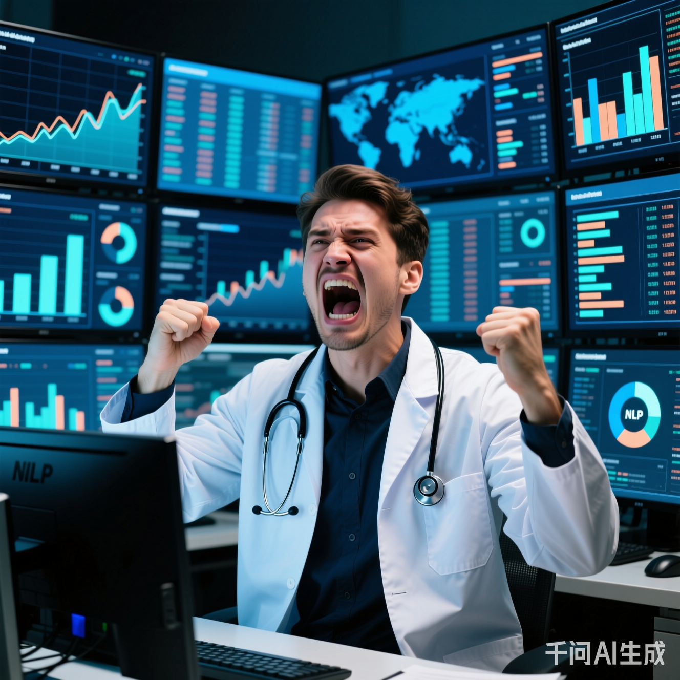 穿着白大褂的程序员对着满屏数据抓狂