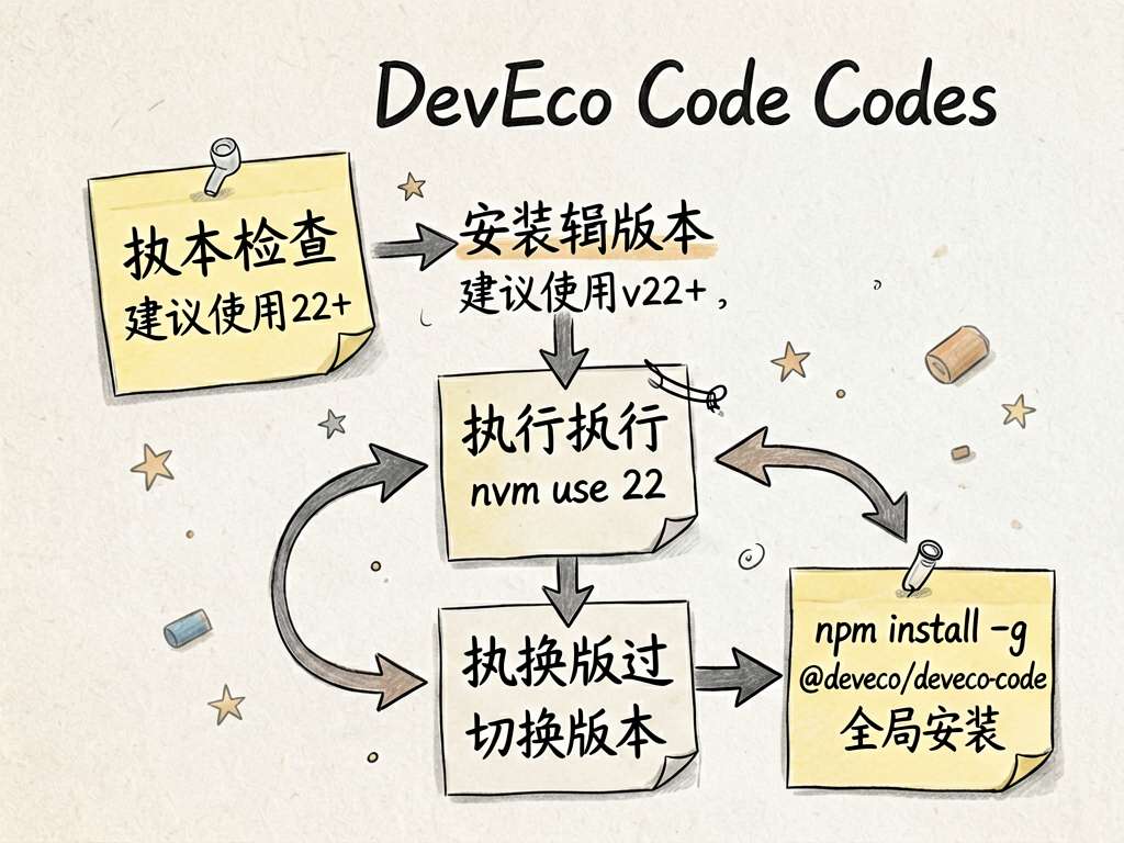 手绘风格流程图：展示DevEco Code的安装前置步骤。第一步检查Node.js版本（箭头指向'建