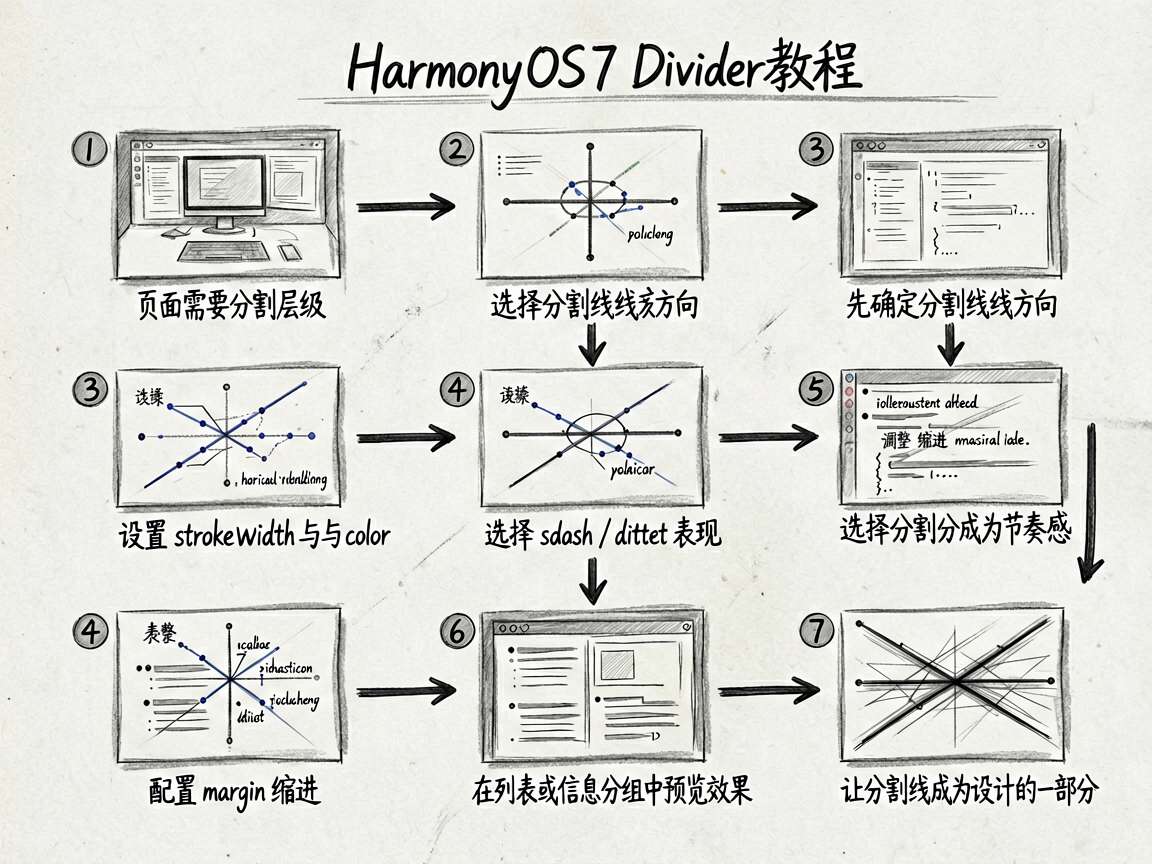 为一篇 HarmonyOS7 Divider 教程绘制手绘笔记风流程图,内容对应文章中的实践思路:先