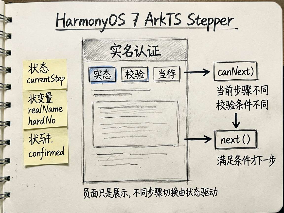 为一篇关于 HarmonyOS 7 ArkTS Stepper 流程页的文章绘制一张手绘笔记风格的框