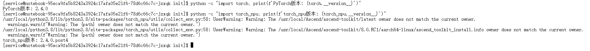 成功执行版本检查命令,终端输出了PyTorch和torch_npu的具体版本号