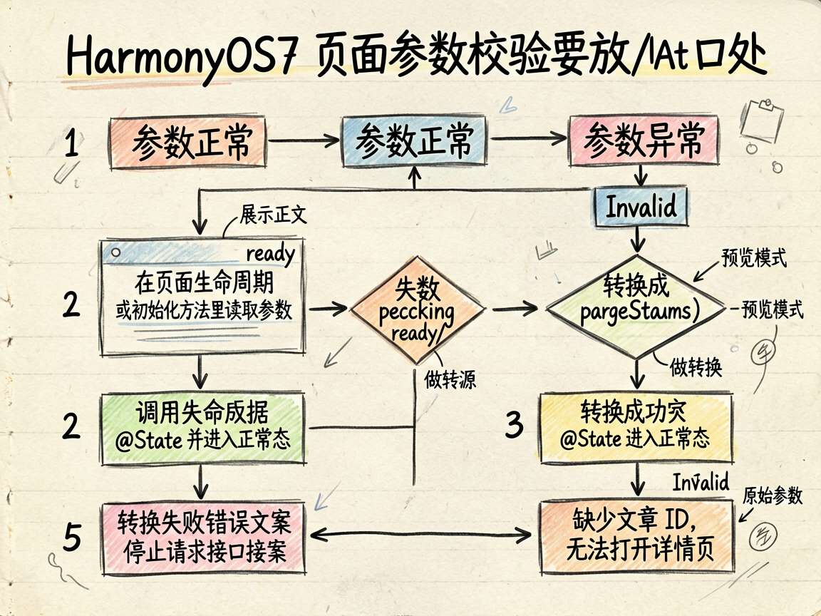 为文章《HarmonyOS7 页面参数校验要放入口处:ArkUI/ArkTS 实战拆解》绘制一张手绘
