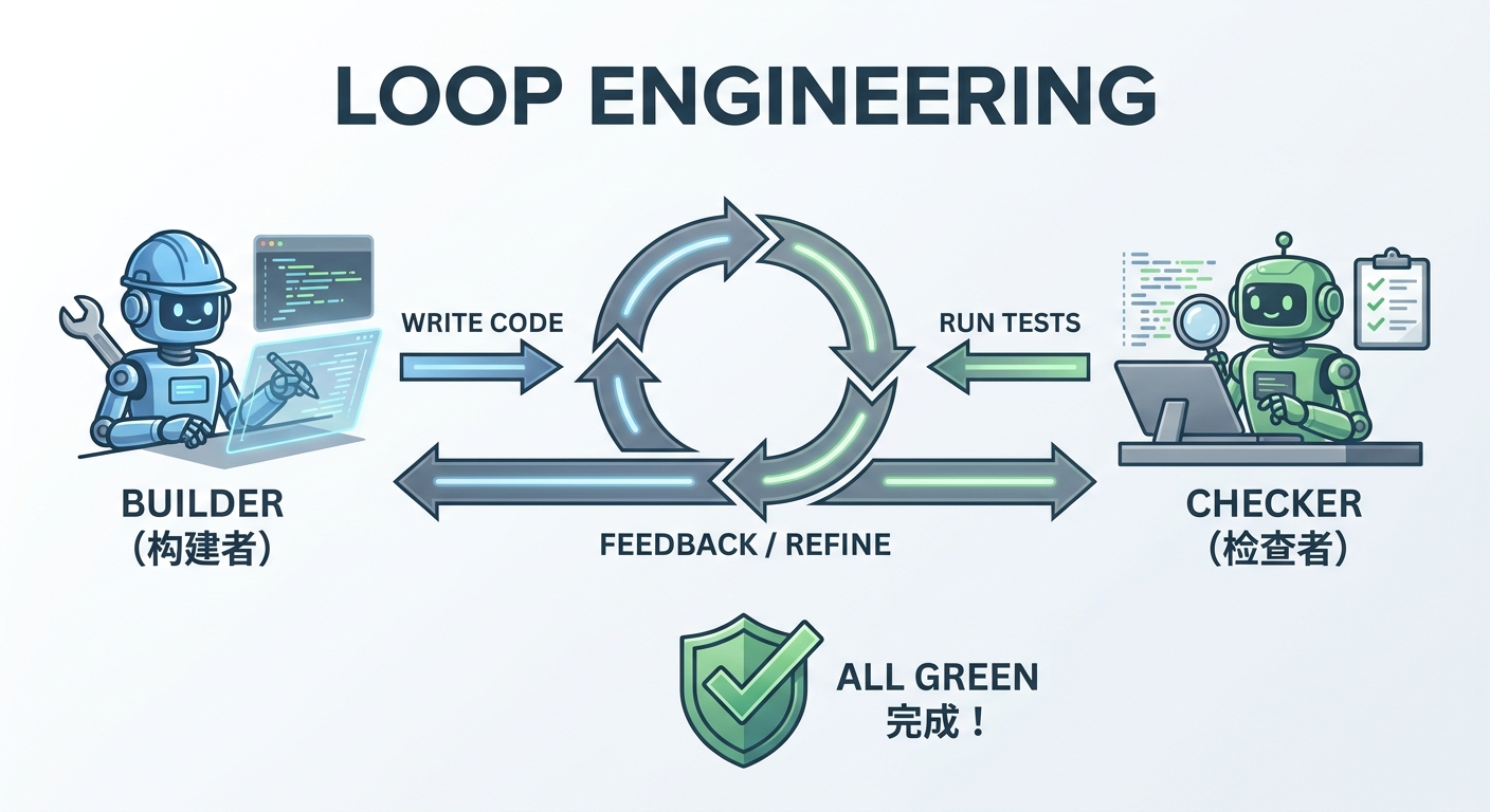Loop Engineering 流程图:Builder 写代码,Checker 验证,循环直到全绿