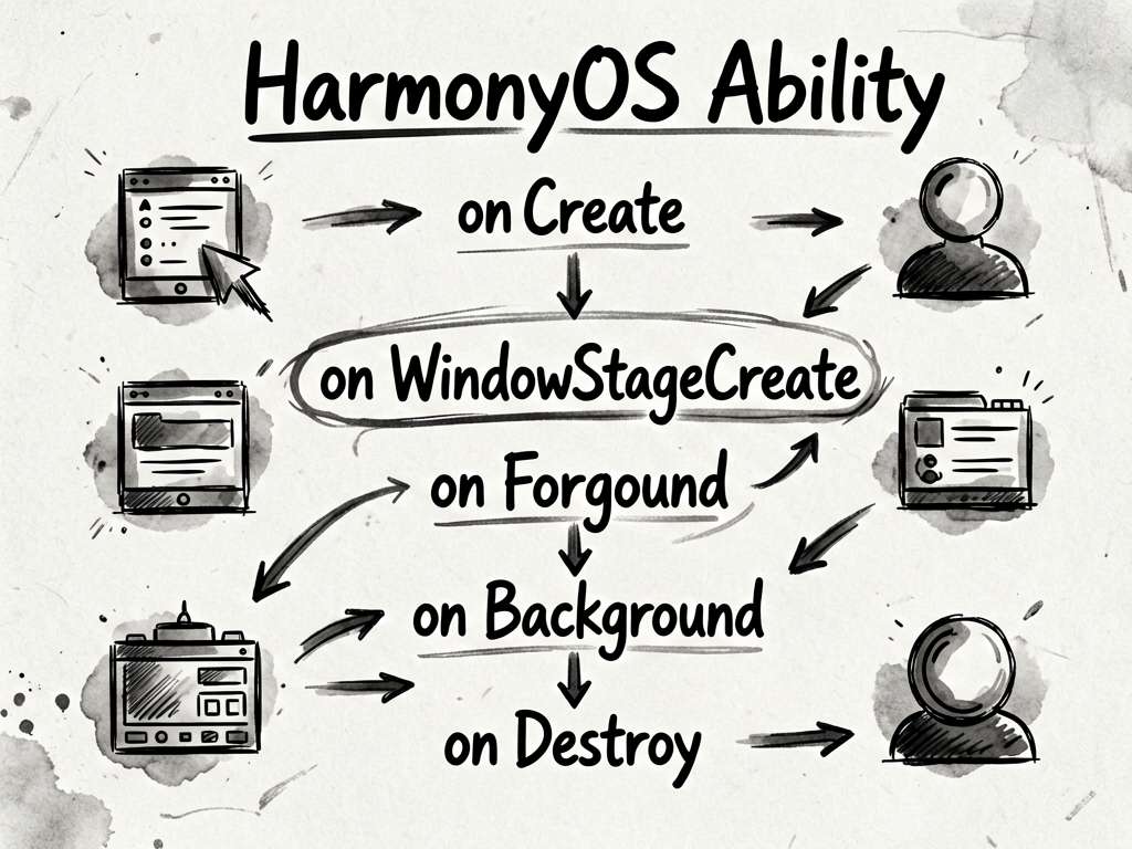 手绘风格信息图，列出 HarmonyOS Ability 关键生命周期节点：'onCreate'（全