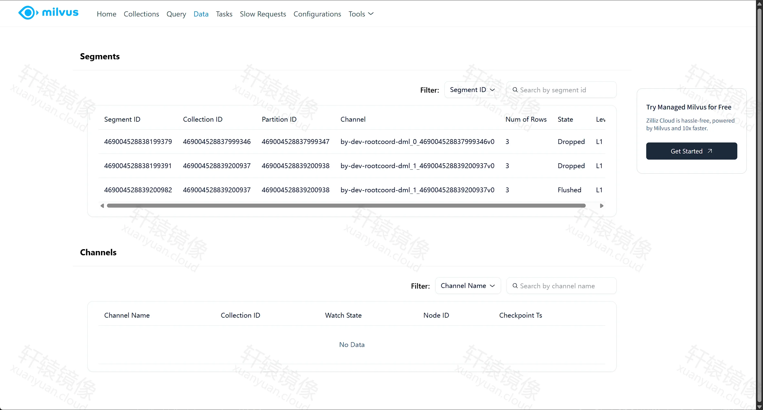 Milvus WebUI Data：Segments 列表含 Flushed 与 Dropped 状态，行数为 3