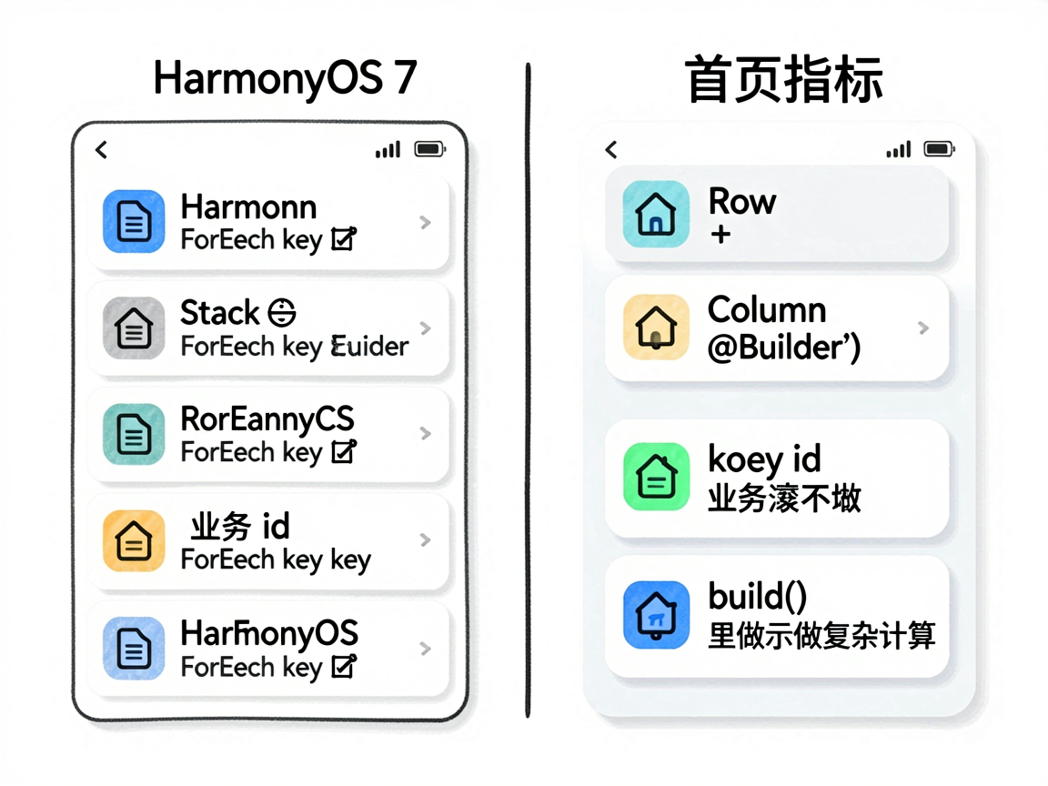 一张手绘对比图,左侧是优化前的 HarmonyOS 7 运营首页列表项,右侧是优化后的扁平化指标卡片