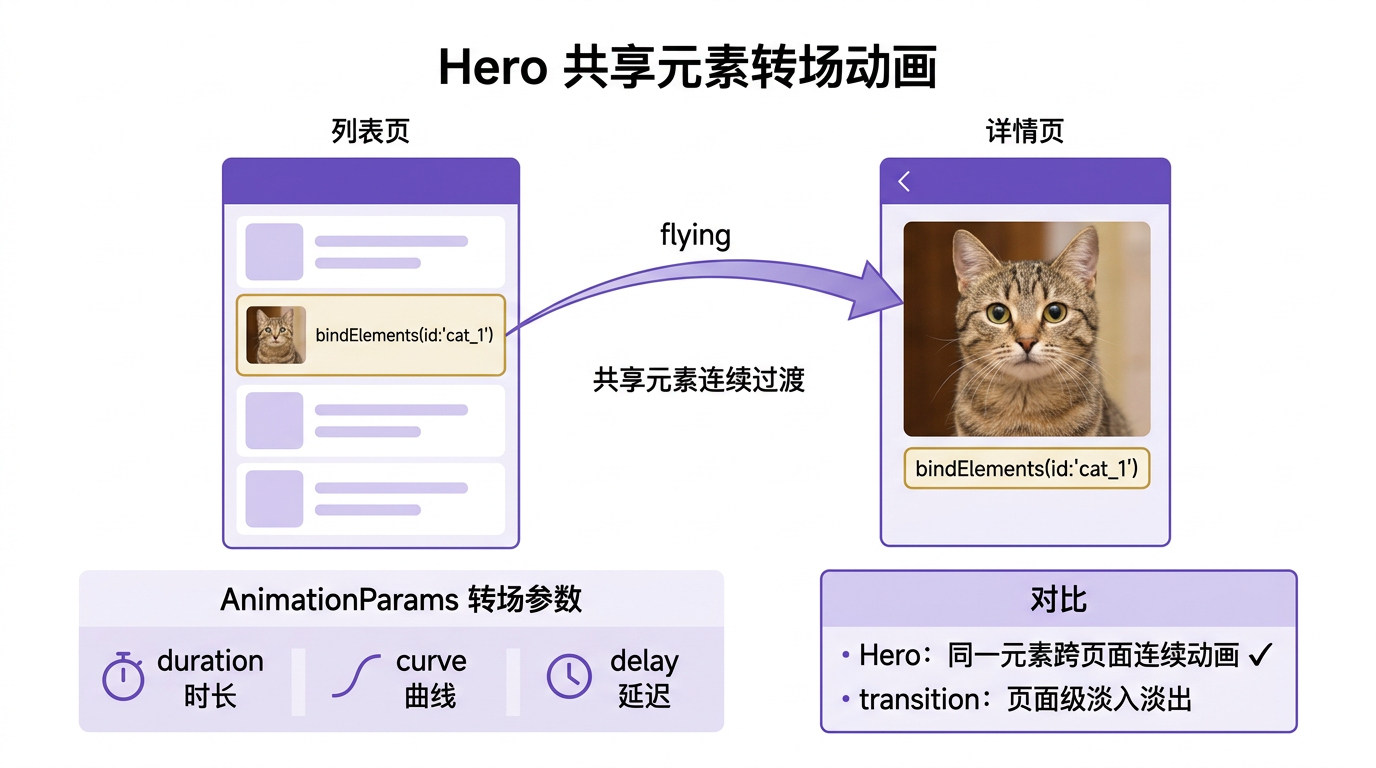 文章配图:Hero 共享元素概念、bindElements 双页面绑定、AnimationParams 转场参数、与