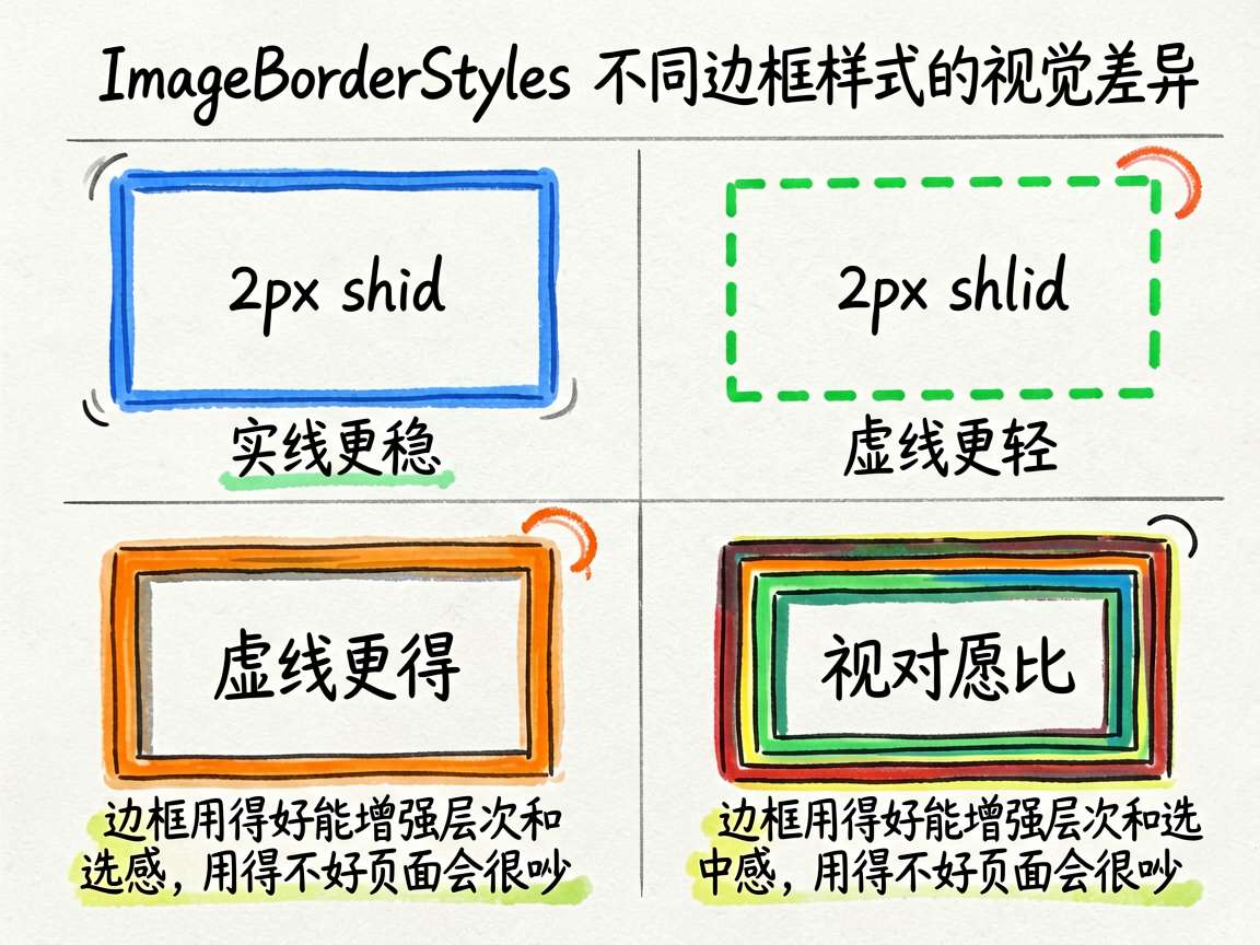 为一篇中文技术文章生成一张手绘对比图,主题是「ImageBorderStyles 不同边框样式的视觉