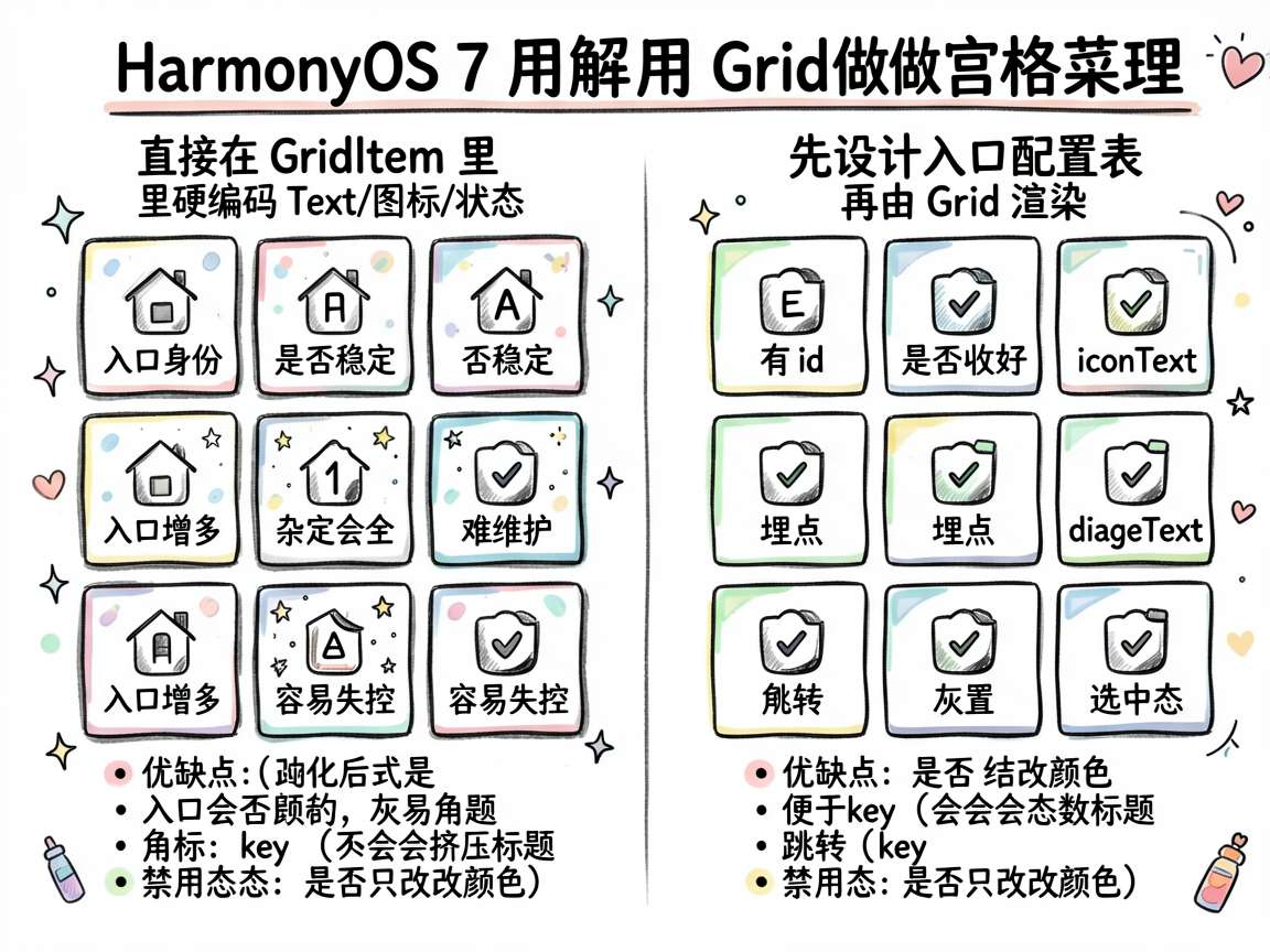 为一篇讲解 HarmonyOS 7 用 Grid 做九宫格菜单细节的中文技术文章生成一张对比图,风格