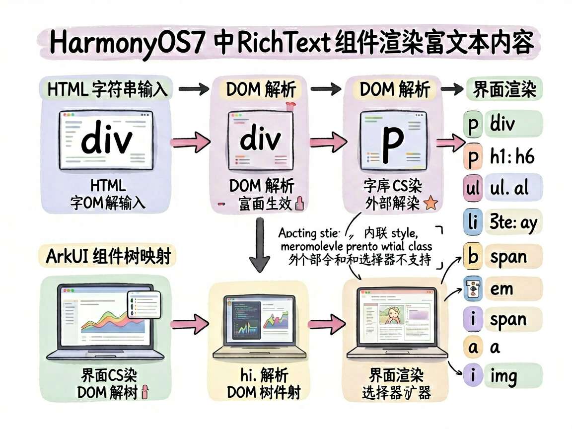 手绘笔记风信息图,主题是 HarmonyOS7 中 RichText 组件渲染 HTML 富文本内容