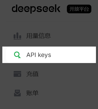 图 21：DeepSeek 控制台左侧 API keys 入口。