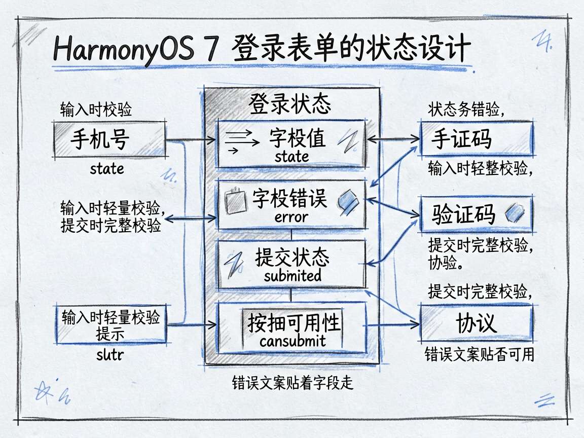 一张框架型手绘蓝图笔记图,解释 HarmonyOS 7 登录表单的状态设计。中心是一个表单状态框架,