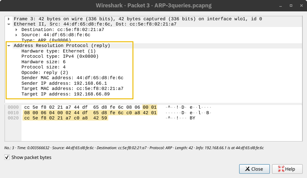 Wireshark showing an ARP Reply encapsulated directly within an Ethernet frame.