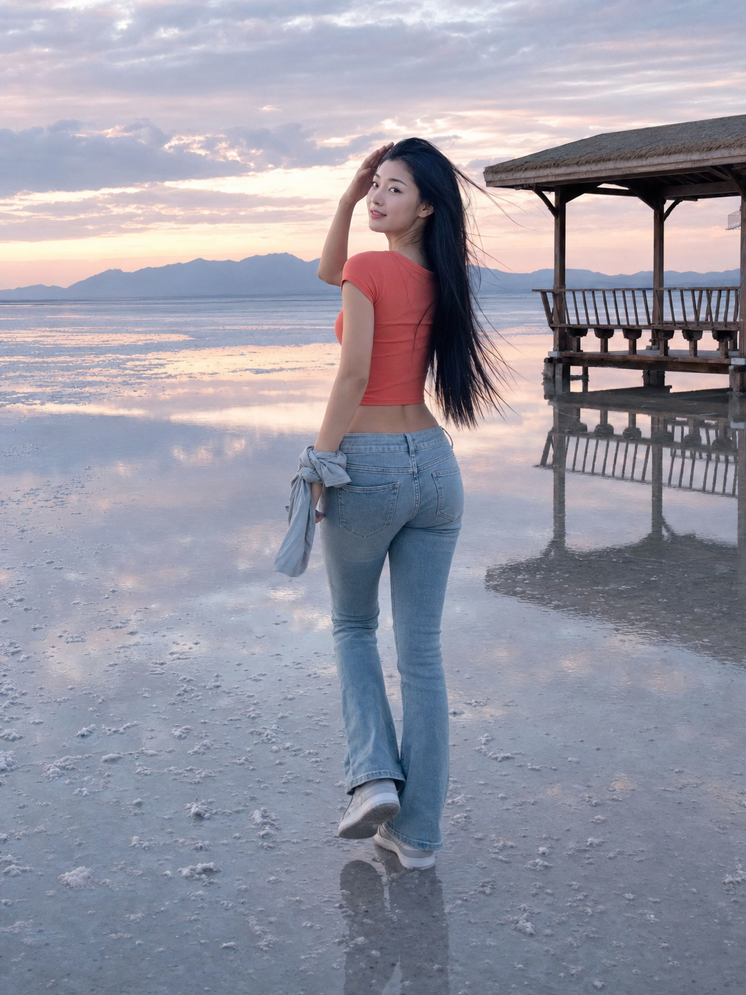 盐湖清晨回望的亚洲成年女性低腰浅蓝牛仔时装