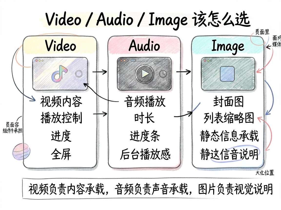 为一篇 HarmonyOS 7 媒体组件教程绘制一张手绘笔记风格的对比图,主题是“Video / A