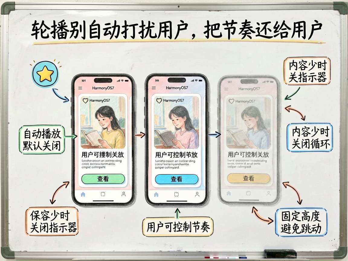 一张面向 HarmonyOS7 Swiper 轮播教学的手绘笔记风信息图,主题是“轮播别自动打扰用户