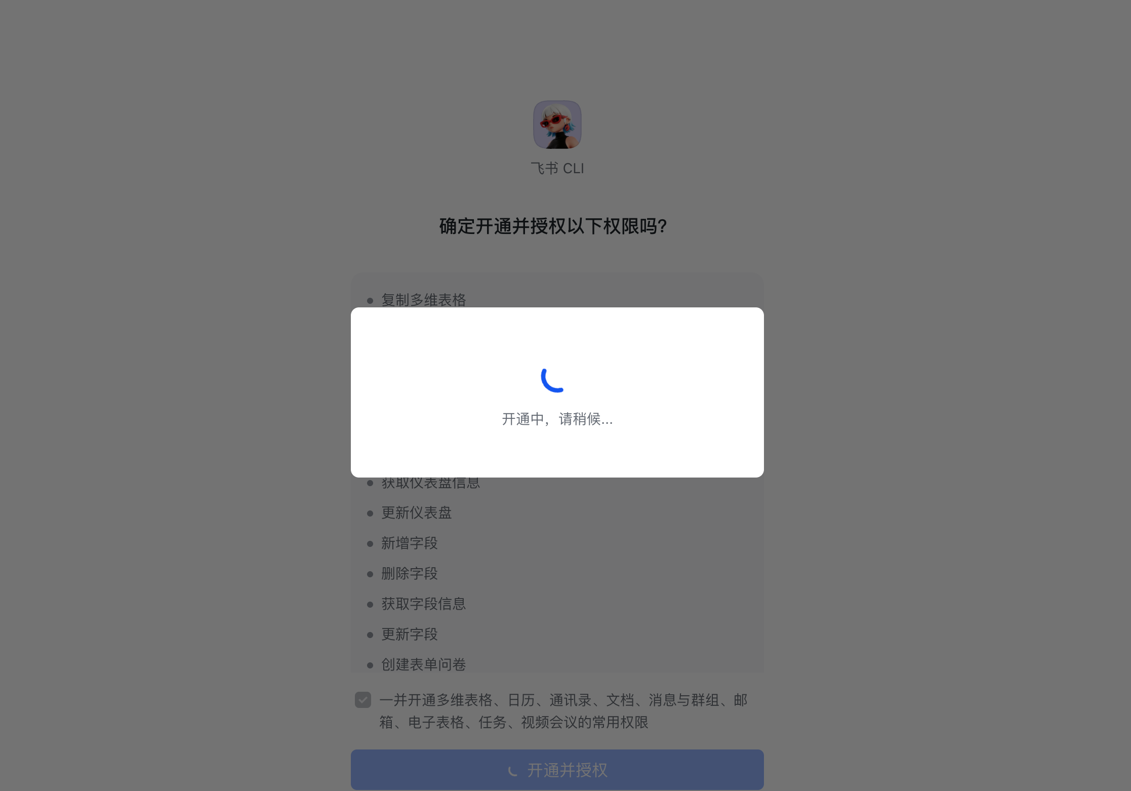 飞书 CLI 权限授权页面