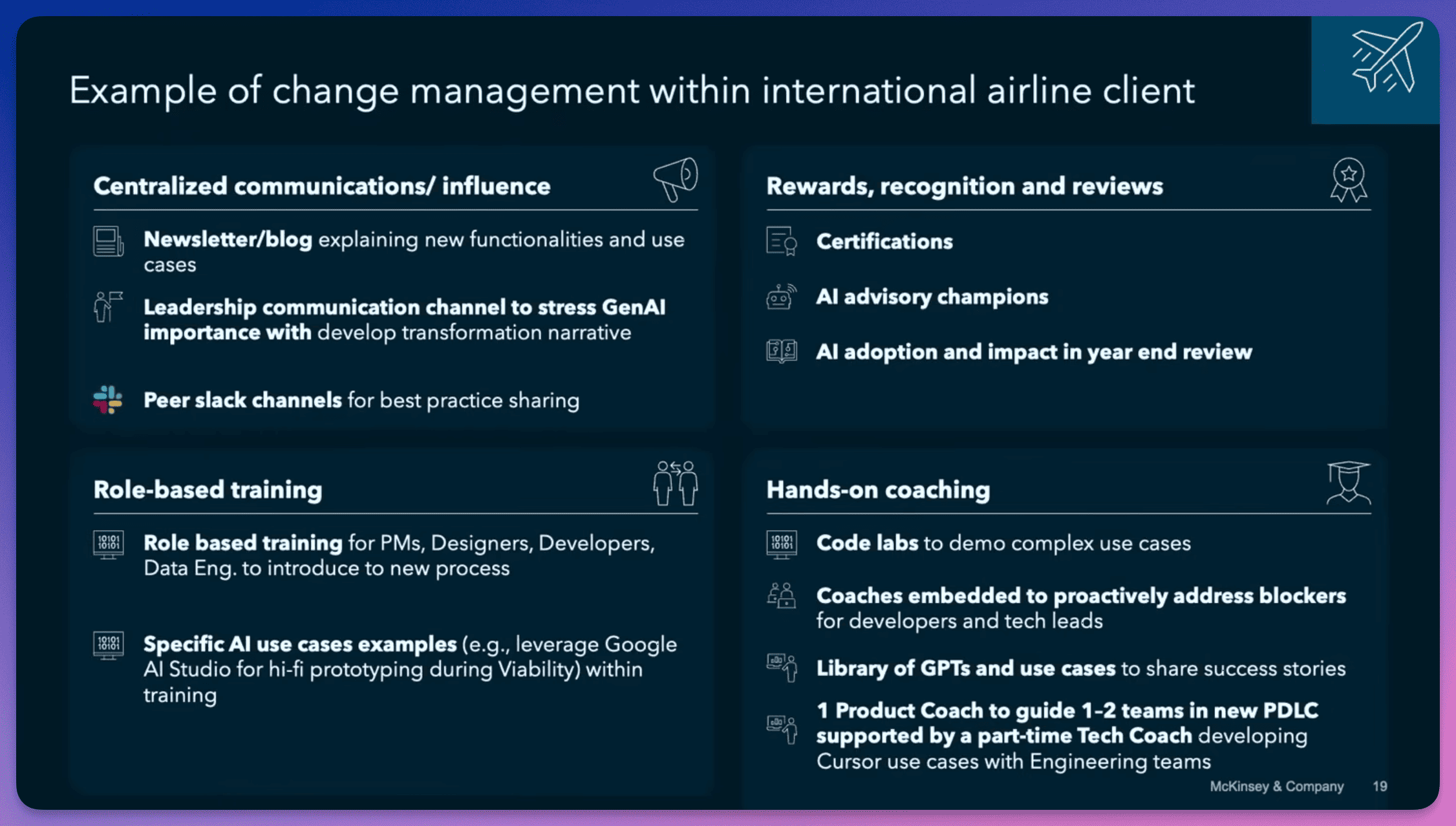 一家航空公司的 AI 变革管理：培训、沟通、激励缺一不可。