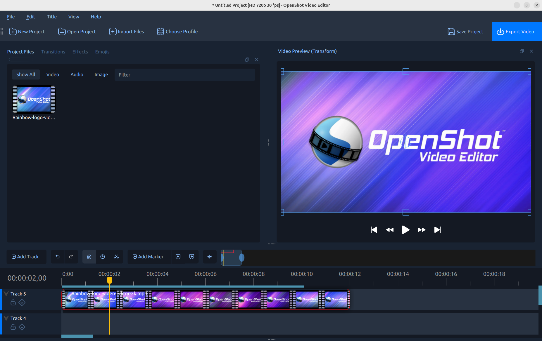 OpenShot 3.5 Release - main window with single clip (screenshot)