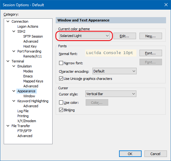 会话选项默认配色方案“Solarized Light”的屏幕截图