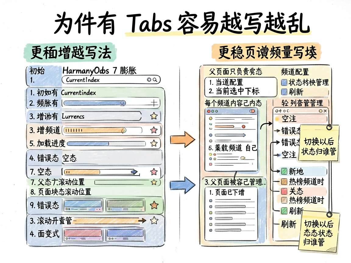 为一篇讲解 HarmonyOS 7 Tabs 页面切换的文章绘制一张 sketch-notes 风格