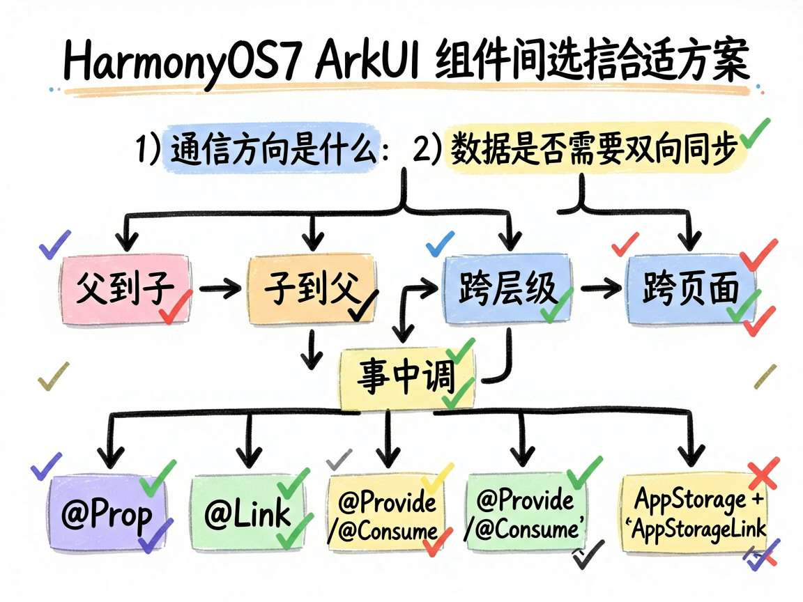手绘流程图风格的选型指南,主题是 HarmonyOS7 ArkUI 组件间通信如何选择合适方案。画面