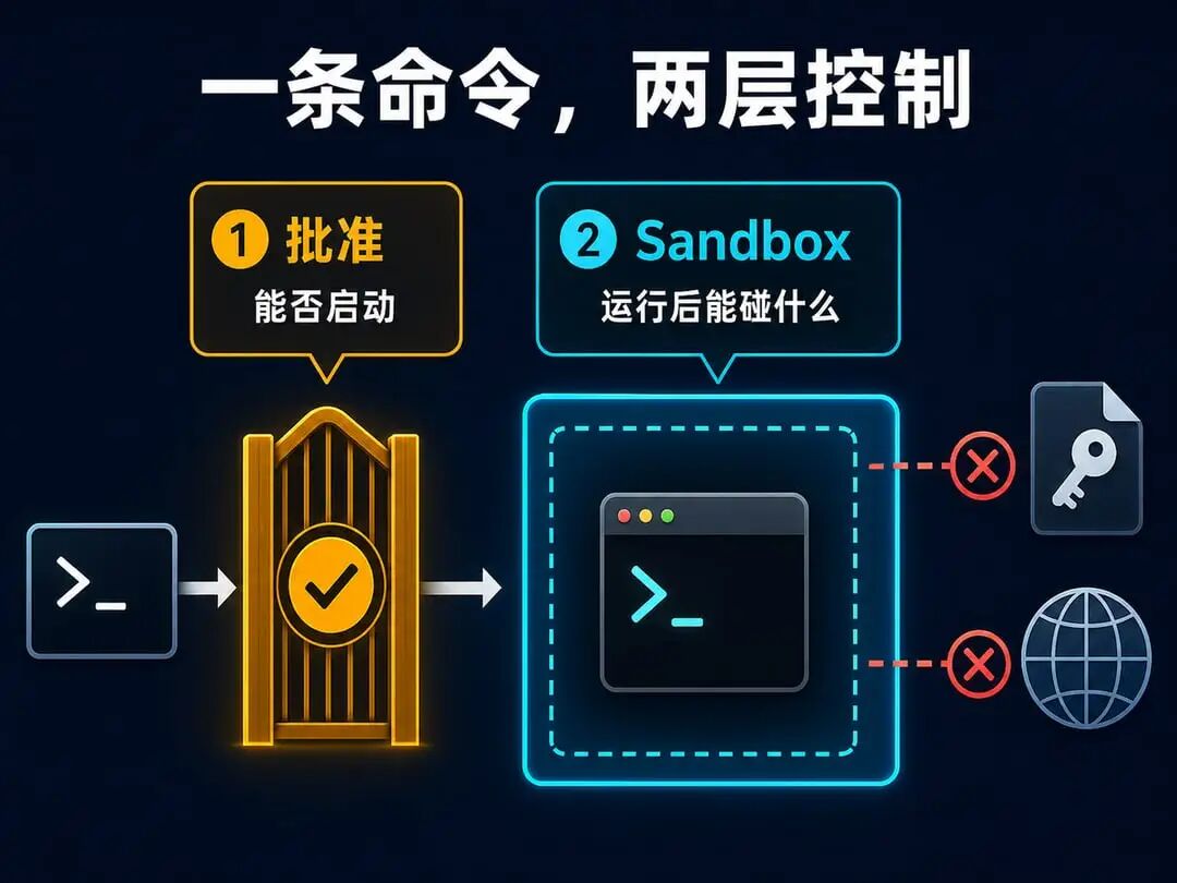 批准决定命令能否启动,Sandbox 限制命令运行后能接触什么