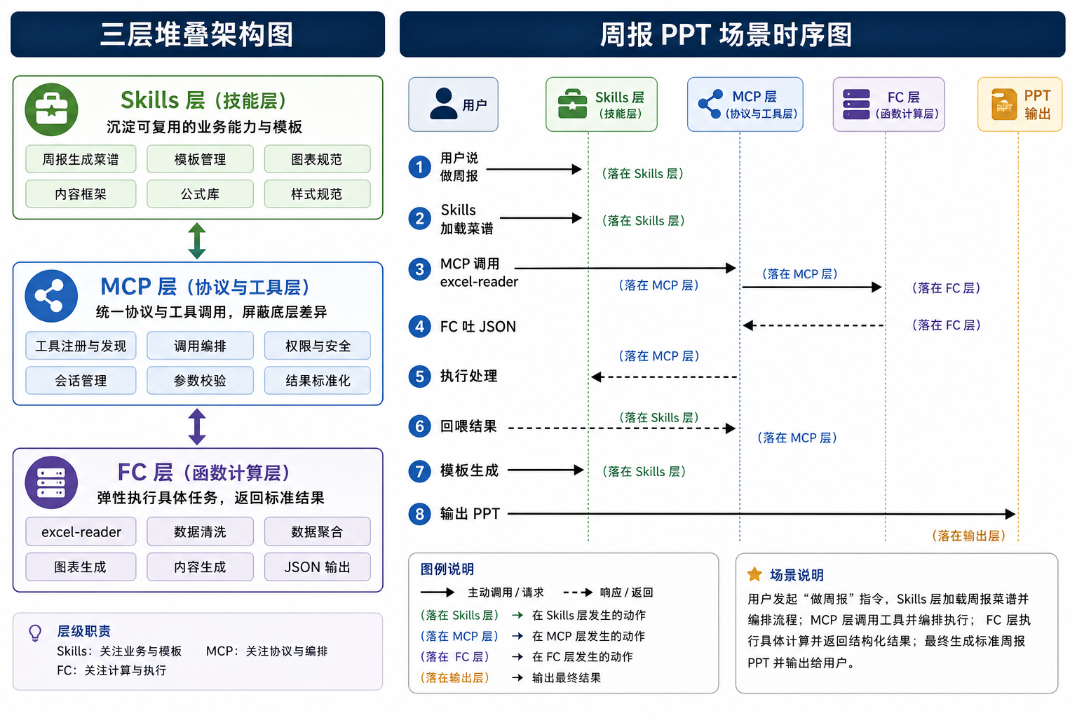 三层堆叠与周报 PPT 时序图