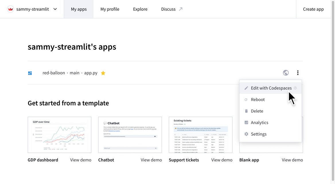 通过 GitHub Codespaces 编辑应用