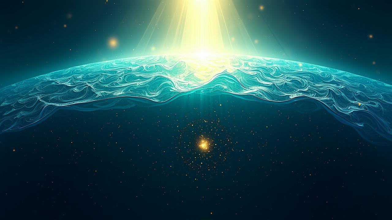 A vast digital ocean with glowing waves of light i