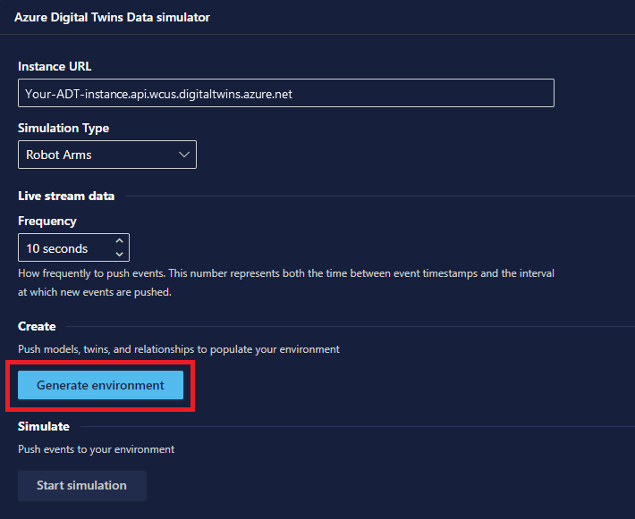 Azure 数字孪生数据模拟器的屏幕截图。突出显示了“生成环境”按钮。