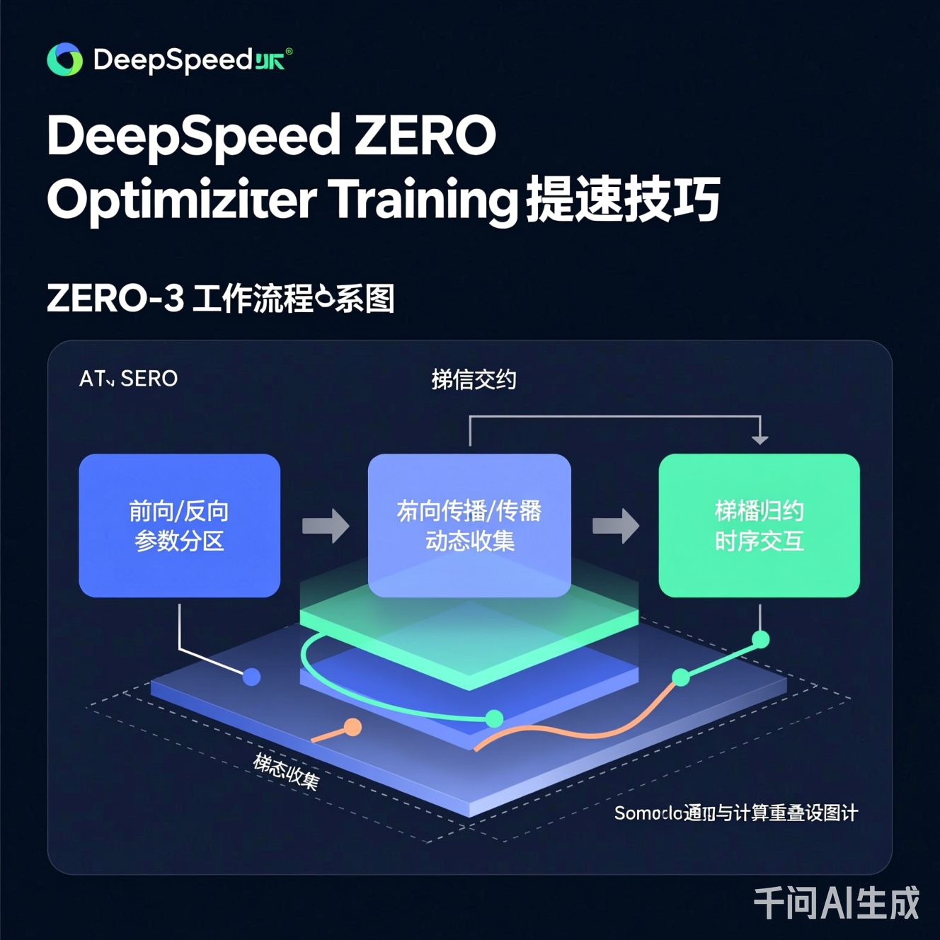 ZeRO-3工作流程示意图：展示前向/反向传播中参数分区、动态收集、梯度归约的时序交互，突出通信与计算重叠设计