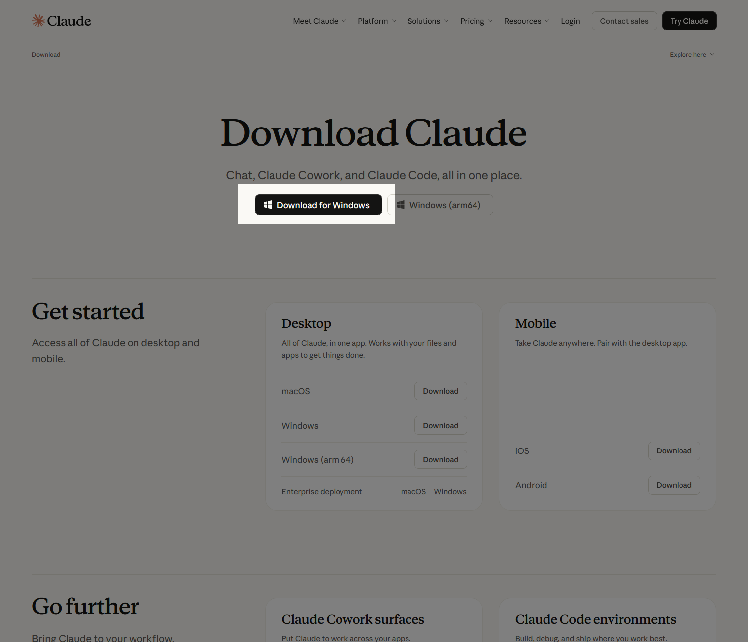 图 1：Claude 官方下载页，点击 Download for Windows。