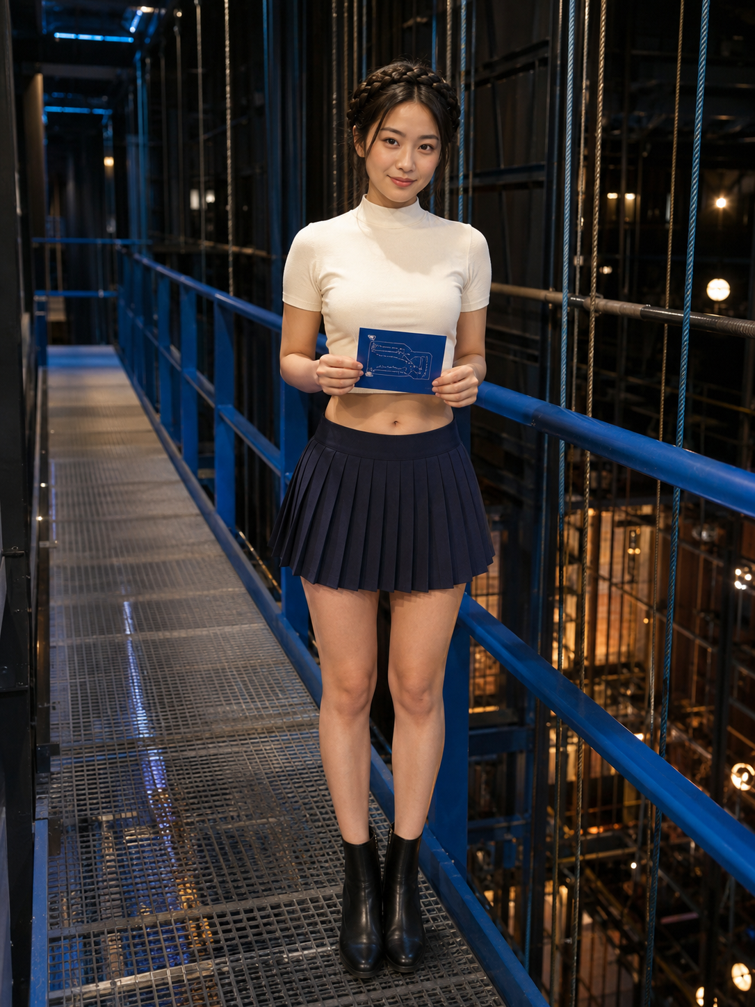 扬声器阵列高空栈道中的虚构亚洲成年女性与成年膝上短百褶裙