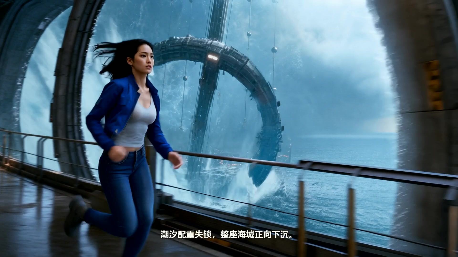 穿蓝色紧身牛仔裤的成年工程师沿海城廊桥奔向相位台