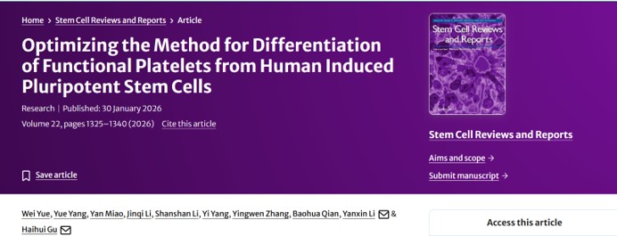 图1. 发表于《Stem Cell Reviews and Reports》的iPSC血小板分化工艺优化研究