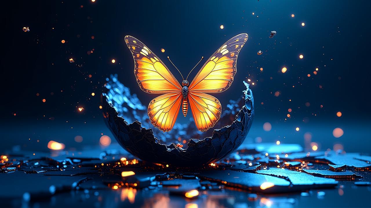Abstract butterfly emerging from a cracked dark bl