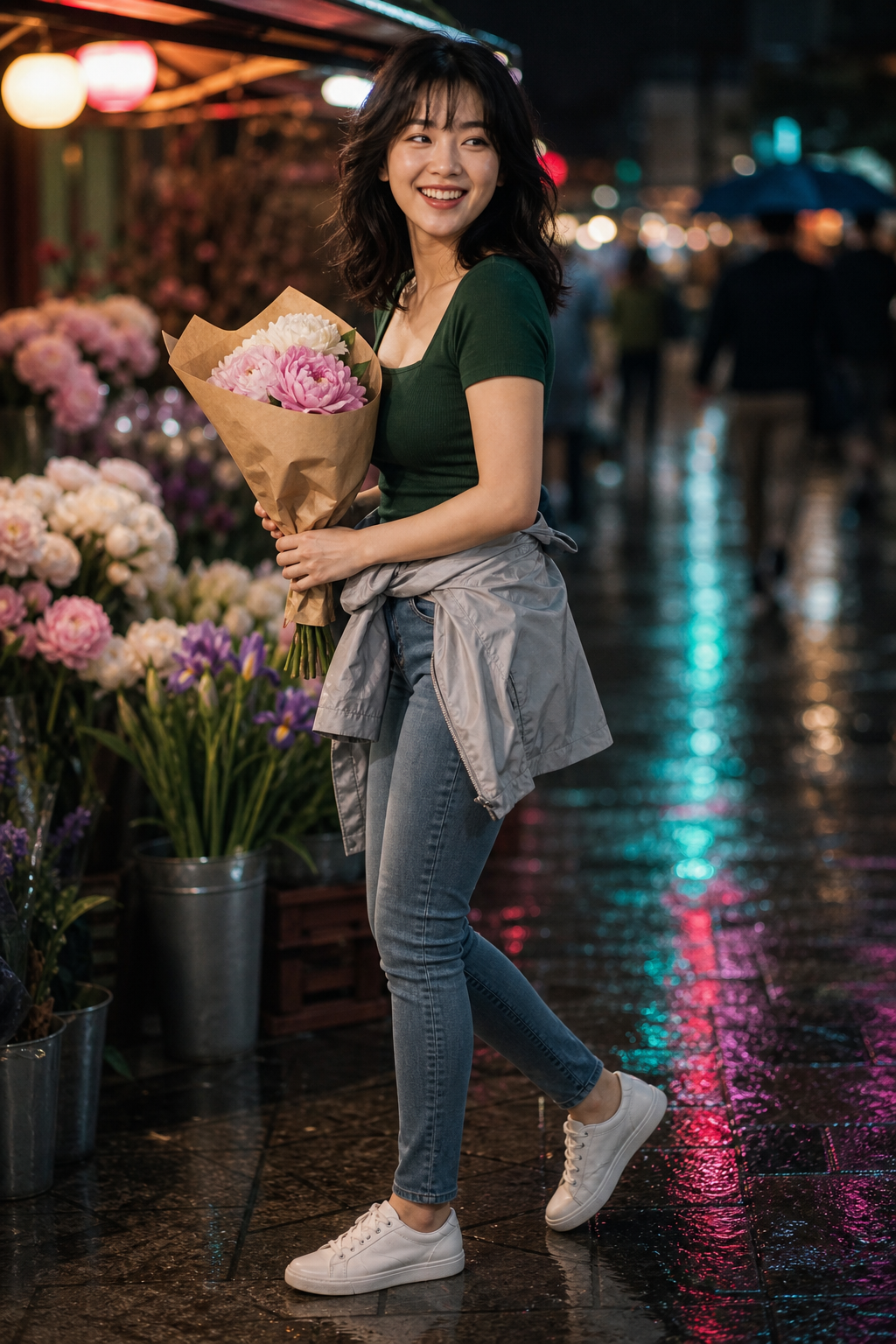 夏雨后花市中穿浅蓝紧身牛仔裤抱花微笑的亚洲成年女性