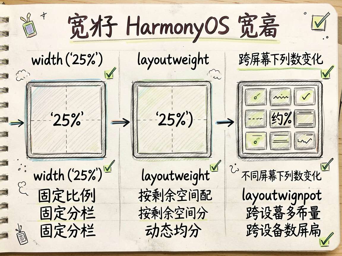 一张手绘笔记风对比图,比较 HarmonyOS7 中三种宽度分配方式的差异。画面分三列并排:左列是百