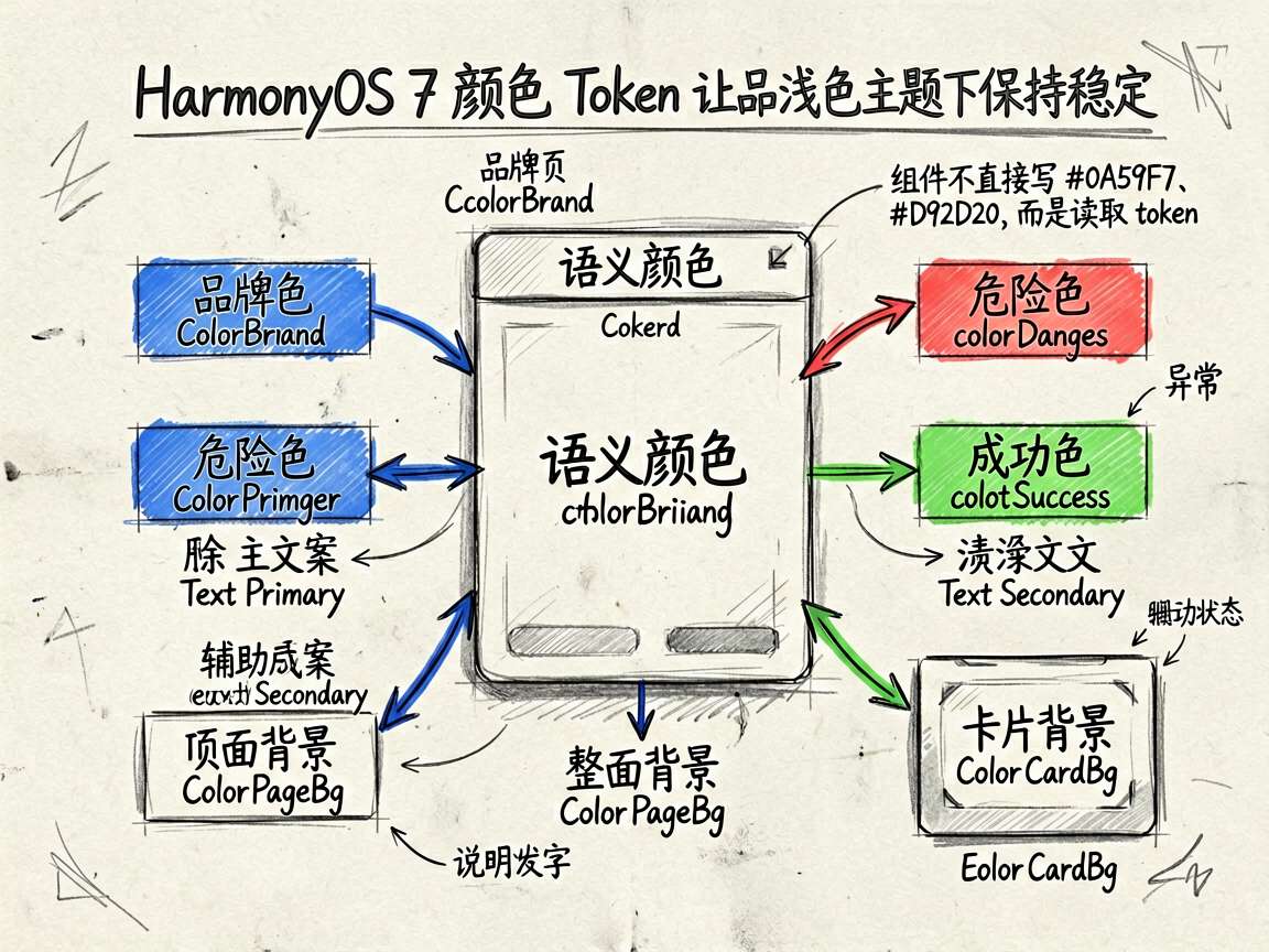 一张 sketch-notes 风格的框架示意图,主题是 HarmonyOS 7 颜色 Token