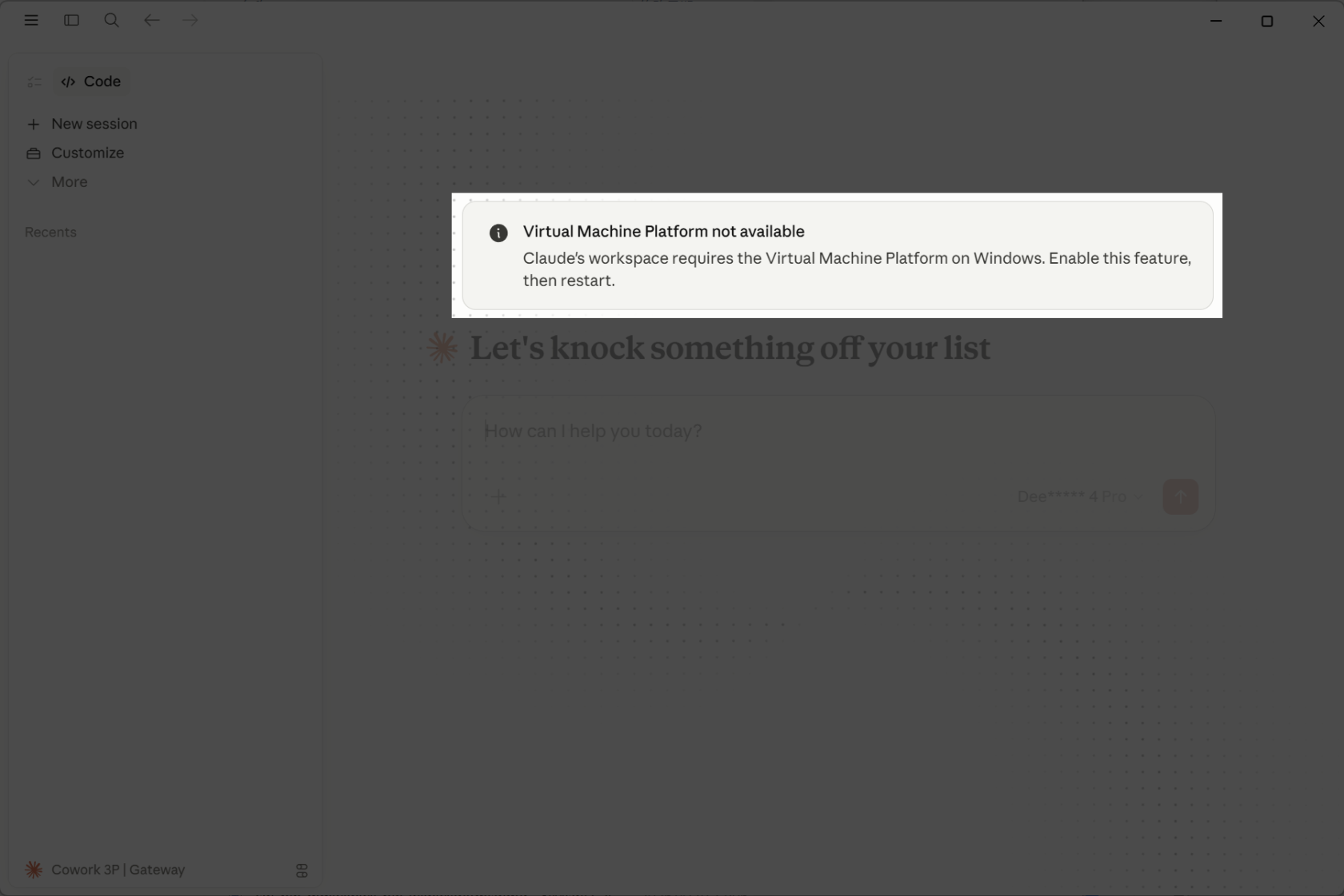 图 42：Virtual Machine Platform not available 提示。