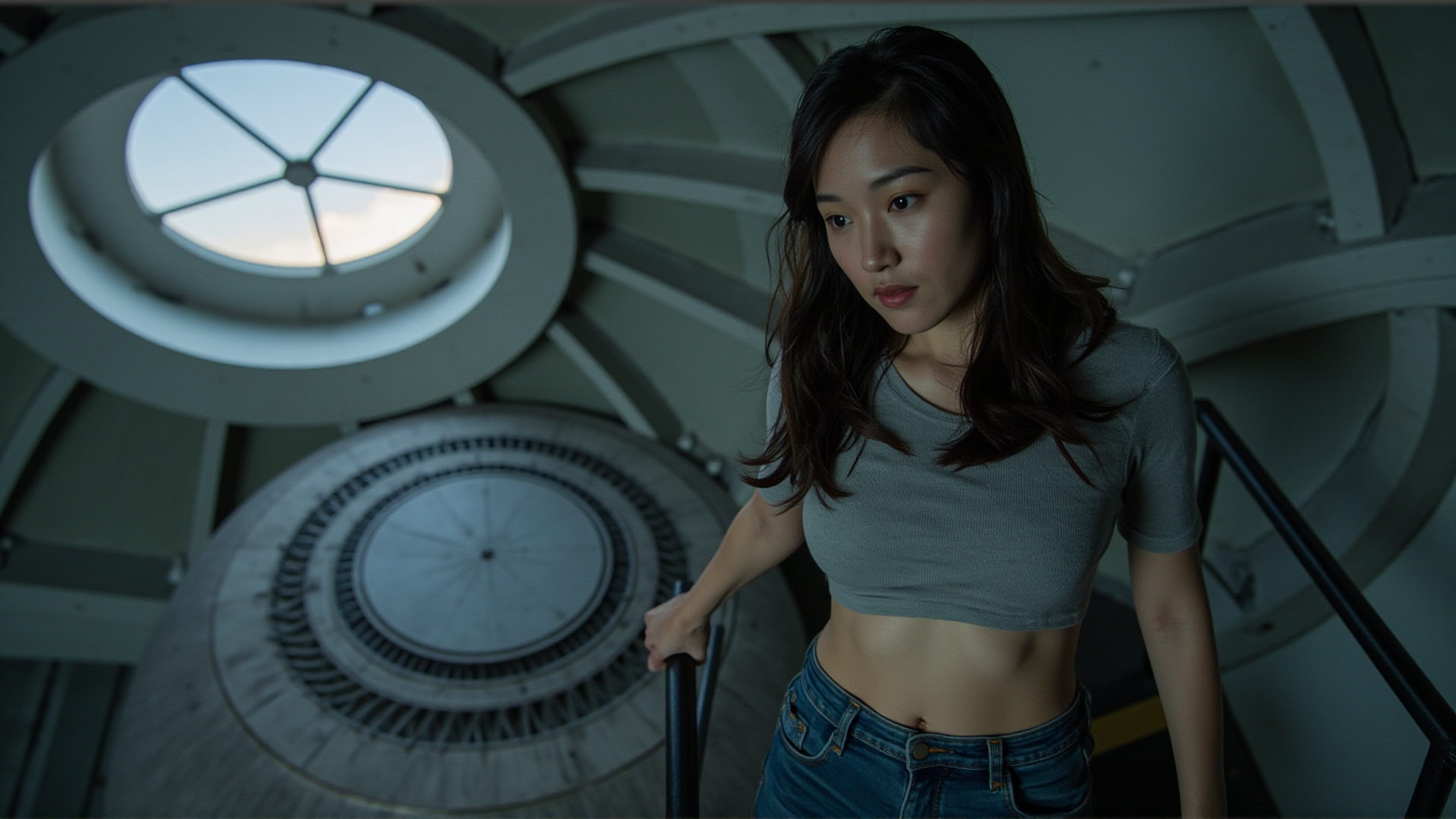 第一镜首帧：女主从楼梯走上穹顶平台，走向镜面支架