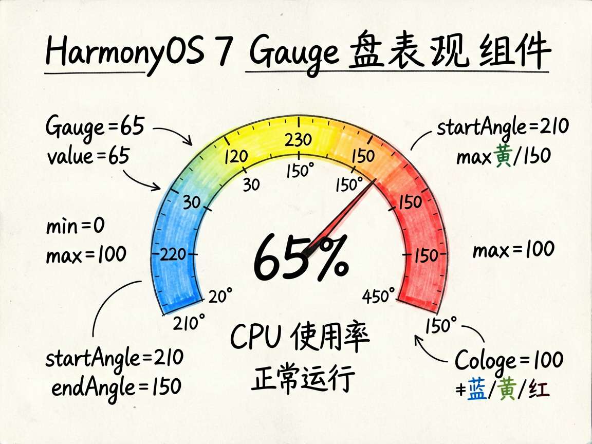 手绘笔记风信息图，主题是 HarmonyOS 7 的 Gauge 仪表盘组件实现 CPU 使用率监控