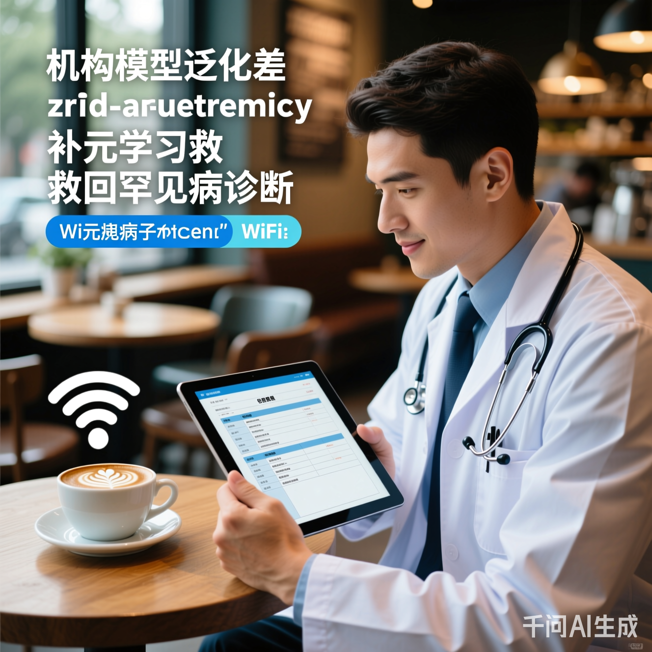 医生在咖啡馆用平板看电子病历，背景有拿铁和Wi-Fi信号满格